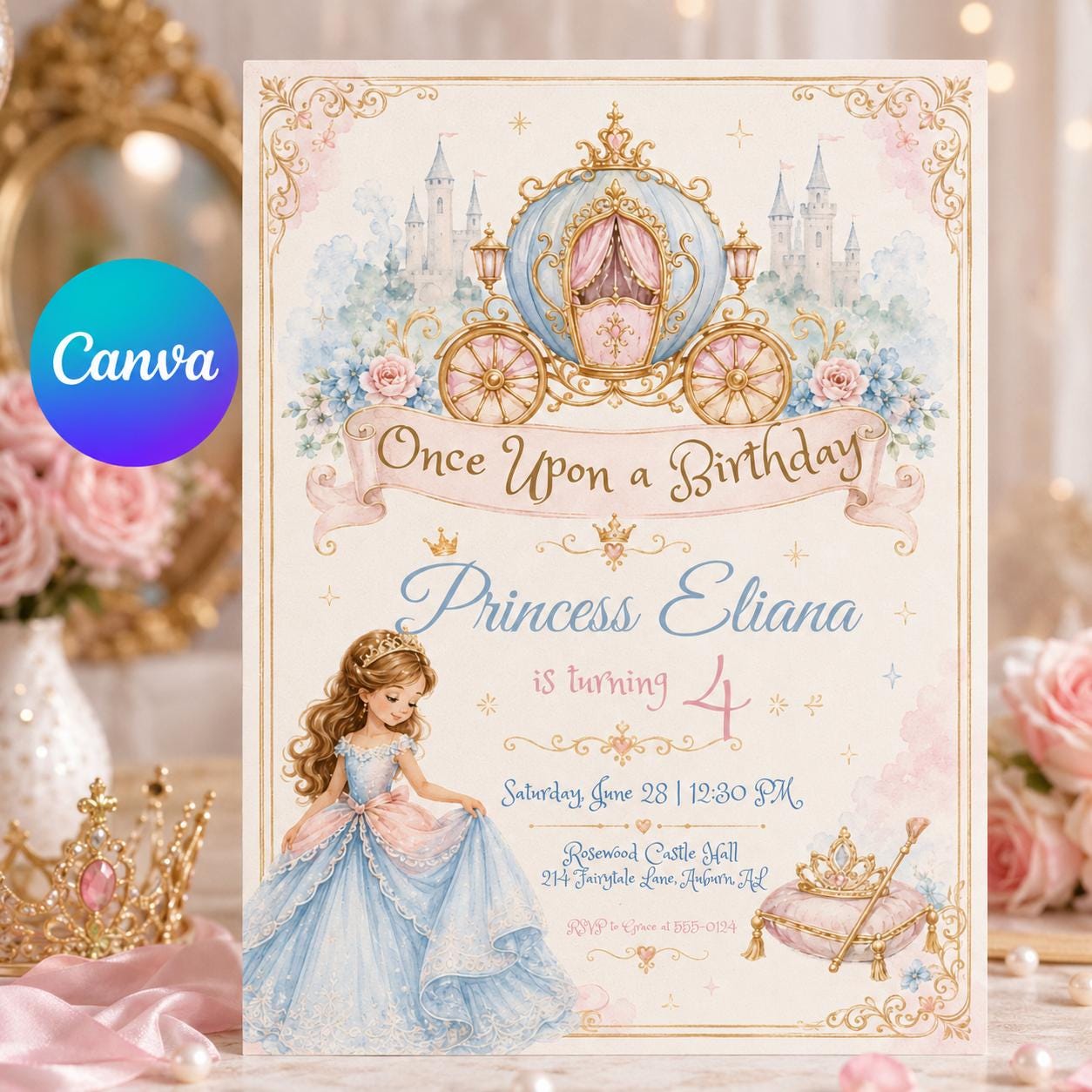 Once Upon A Birthday Invitation, Editable Princess Carriage Party Invite, Girl 4th Birthday Fairytale Template, Printable Download __etsy:8129985368