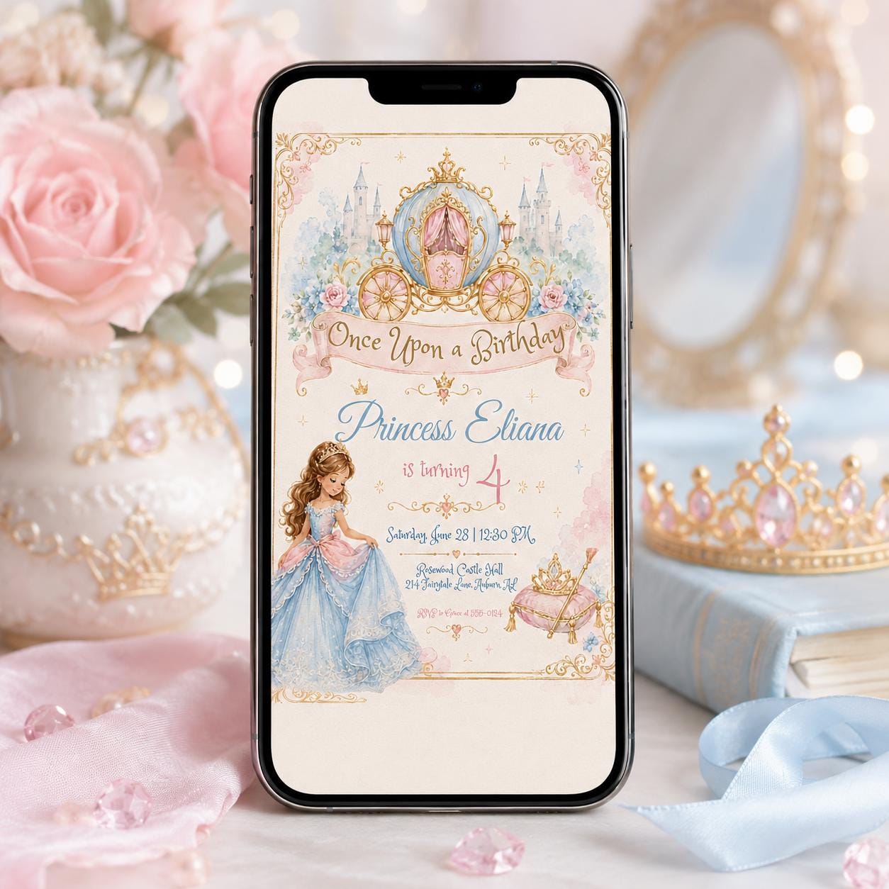 Once Upon A Birthday Invitation, Editable Princess Carriage Party Invite, Girl 4th Birthday Fairytale Template, Printable Download __etsy:8177883799