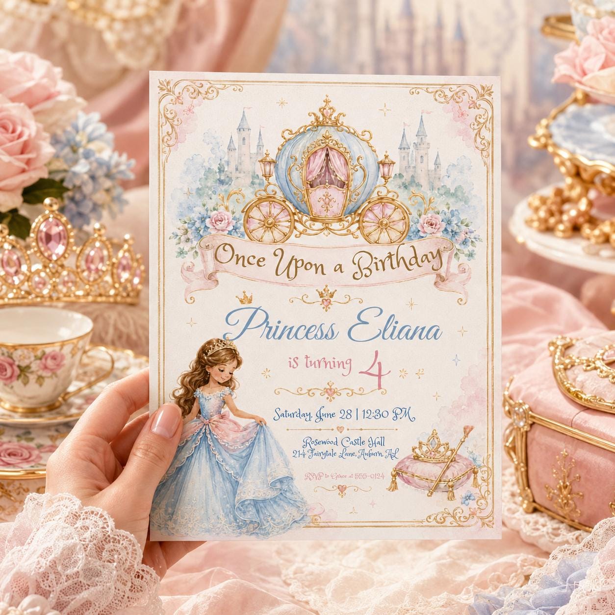 Once Upon A Birthday Invitation, Editable Princess Carriage Party Invite, Girl 4th Birthday Fairytale Template, Printable Download __etsy:8177883821