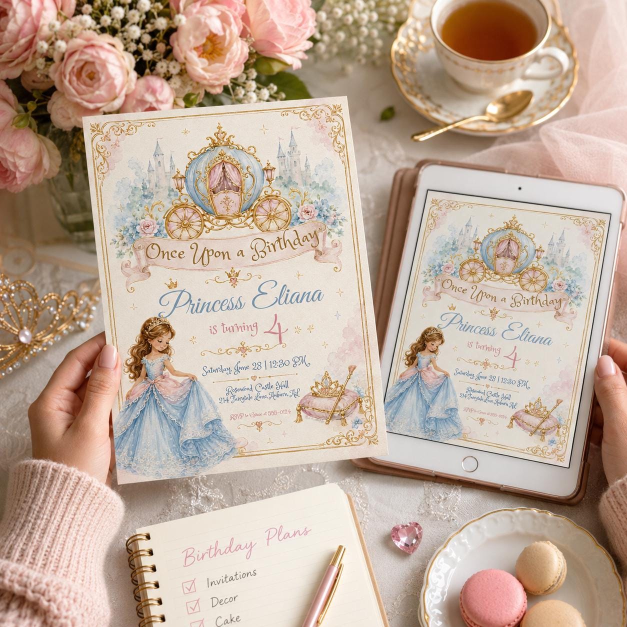 Once Upon A Birthday Invitation, Editable Princess Carriage Party Invite, Girl 4th Birthday Fairytale Template, Printable Download __etsy:8129985564