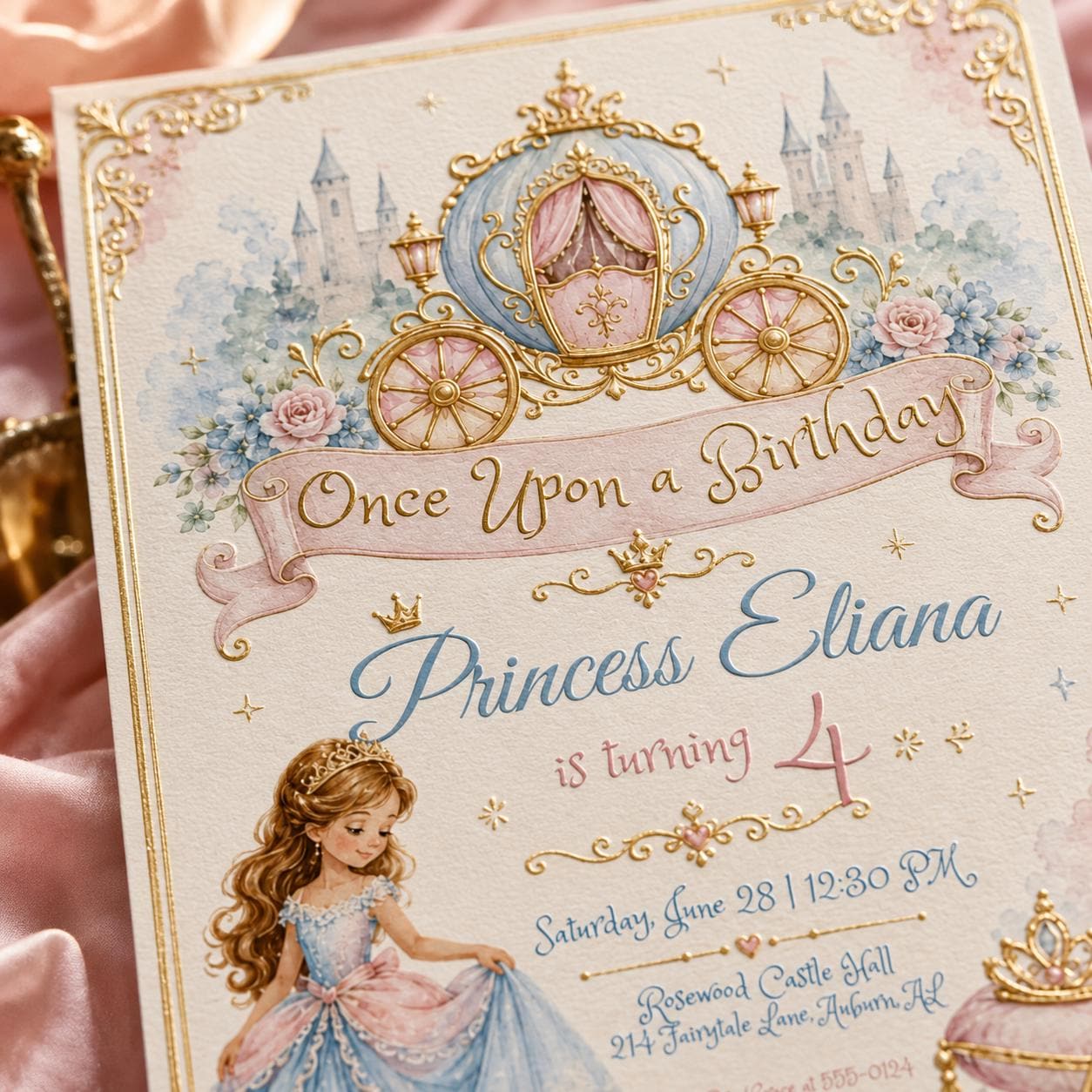 Once Upon A Birthday Invitation, Editable Princess Carriage Party Invite, Girl 4th Birthday Fairytale Template, Printable Download __etsy:8177883825