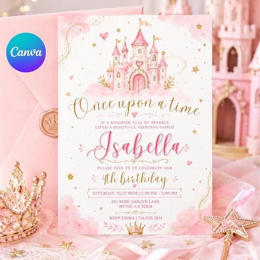 Once upon a time birthday invite, girl first birthday invite, princess party invite, 1st birthday, Princess Castle, Editable Canva Template __etsy:8032907808