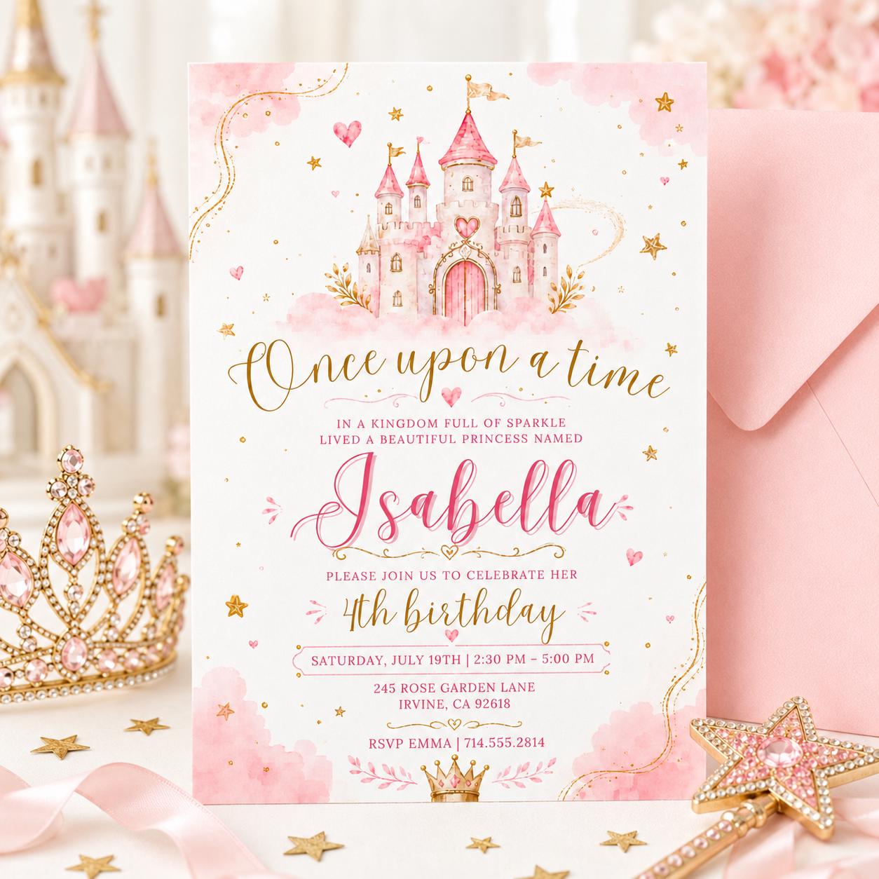 Once upon a time birthday invite, girl first birthday invite, princess party invite, 1st birthday, Princess Castle, Editable Canva Template __etsy:8080817135
