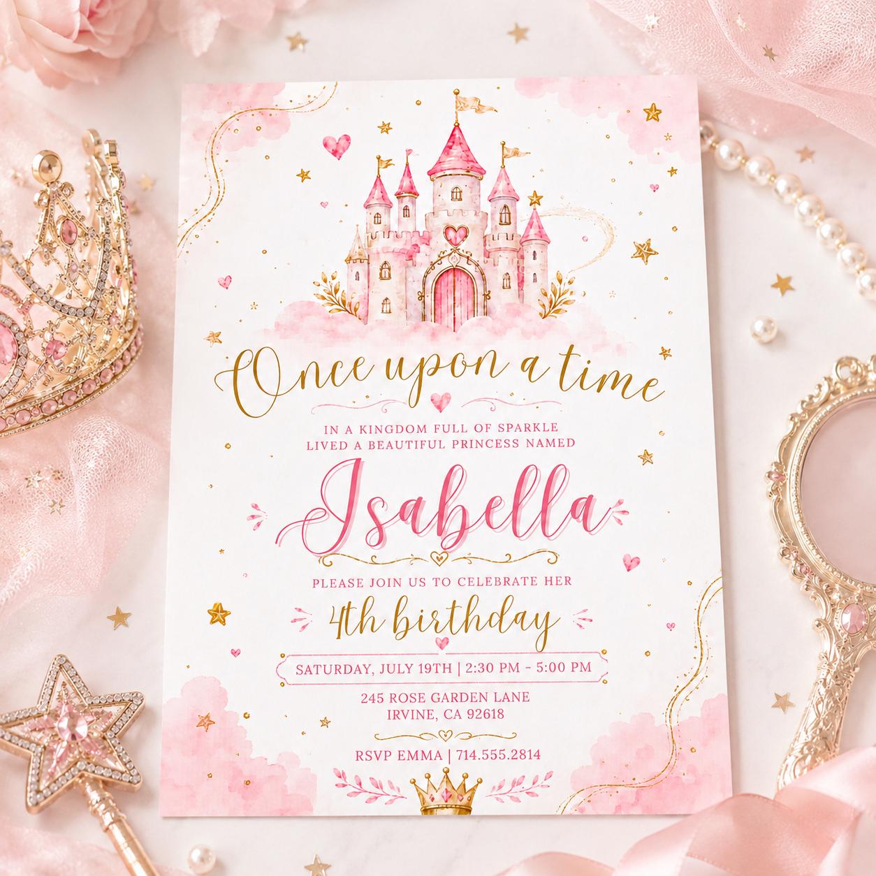 Once upon a time birthday invite, girl first birthday invite, princess party invite, 1st birthday, Princess Castle, Editable Canva Template __etsy:8032905030