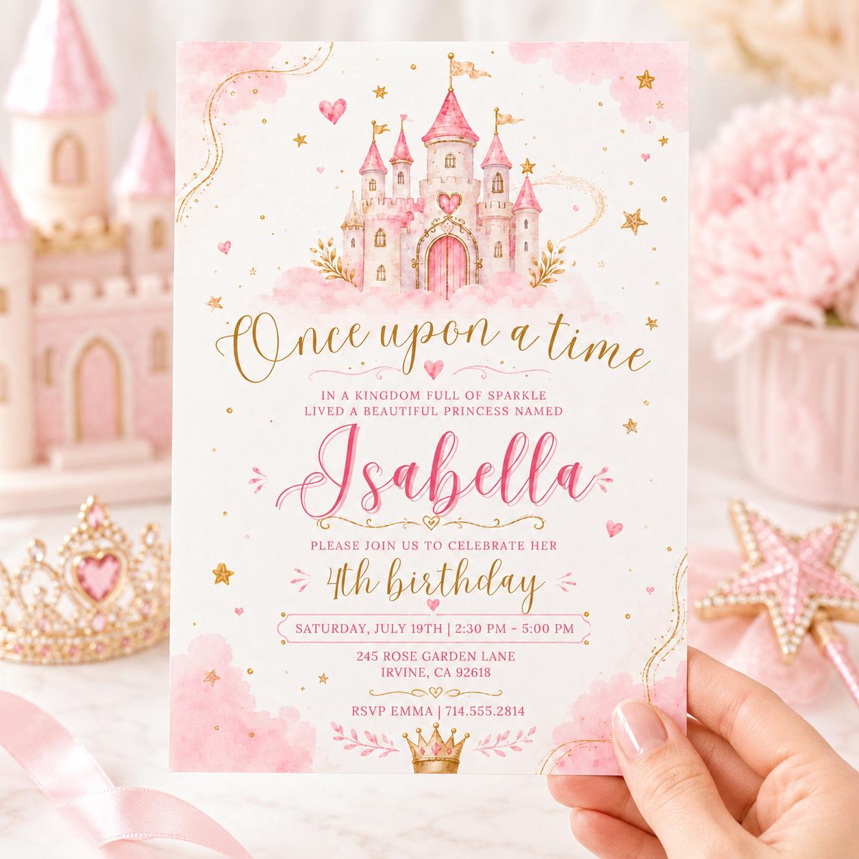 Once upon a time birthday invite, girl first birthday invite, princess party invite, 1st birthday, Princess Castle, Editable Canva Template __etsy:8080817175