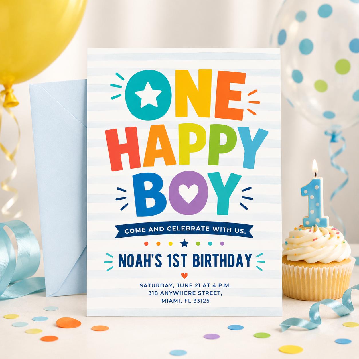 One Happy Boy Birthday Invite, Editable 1st Birthday Invitation Boy, First Birthday Invitation, Sunshine Boho One Happy Boy Invite Canva __etsy:8067059031