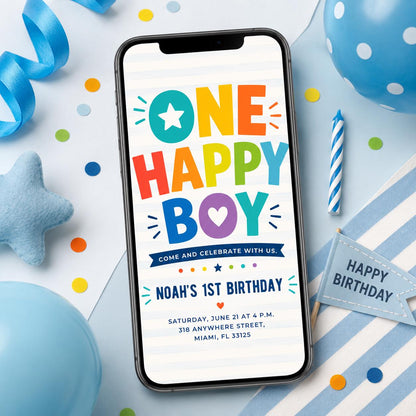One Happy Boy Birthday Invite, Editable 1st Birthday Invitation Boy, First Birthday Invitation, Sunshine Boho One Happy Boy Invite Canva __etsy:8067058589