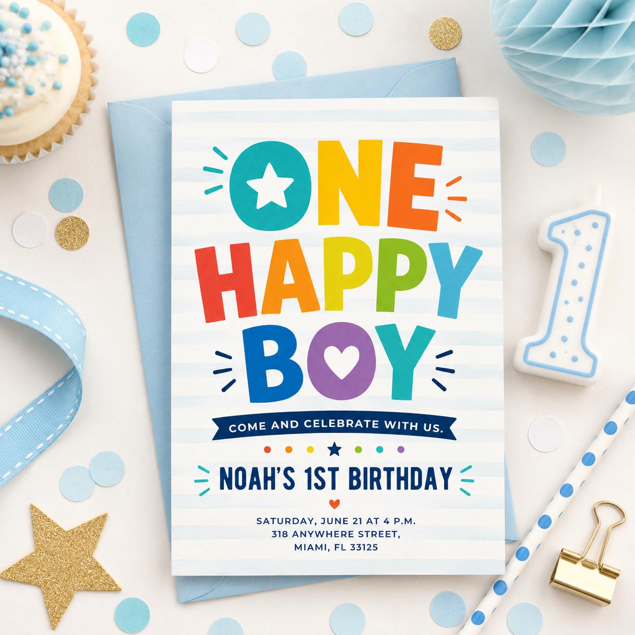 One Happy Boy Birthday Invite, Editable 1st Birthday Invitation Boy, First Birthday Invitation, Sunshine Boho One Happy Boy Invite Canva __etsy:8067058549