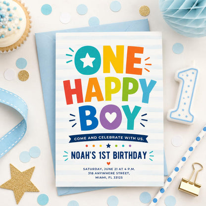 One Happy Boy Birthday Invite, Editable 1st Birthday Invitation Boy, First Birthday Invitation, Sunshine Boho One Happy Boy Invite Canva __etsy:8067058549
