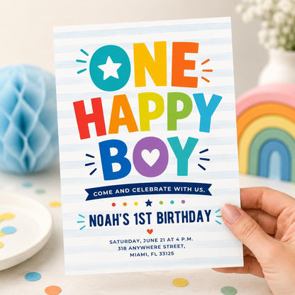 One Happy Boy Birthday Invite, Editable 1st Birthday Invitation Boy, First Birthday Invitation, Sunshine Boho One Happy Boy Invite Canva __etsy:8067058471
