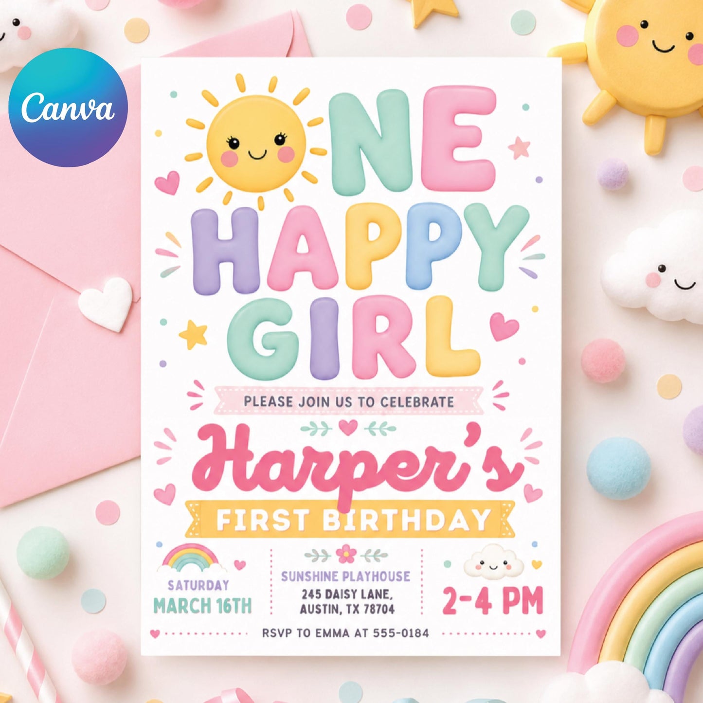 One Happy Girl Birthday Invitation, Rainbow Sunshine Girl First Birthday Invitation, Girl 1st Birthday, Sunshine Invitation, Editable Canva __etsy:8074073605