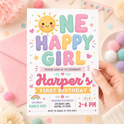 One Happy Girl Birthday Invitation, Rainbow Sunshine Girl First Birthday Invitation, Girl 1st Birthday, Sunshine Invitation, Editable Canva __etsy:8074072527