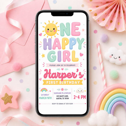 One Happy Girl Birthday Invitation, Rainbow Sunshine Girl First Birthday Invitation, Girl 1st Birthday, Sunshine Invitation, Editable Canva __etsy:8026159578