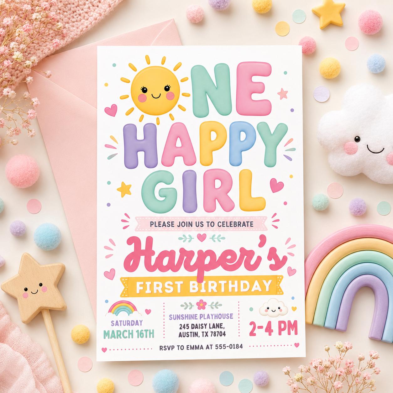 One Happy Girl Birthday Invitation, Rainbow Sunshine Girl First Birthday Invitation, Girl 1st Birthday, Sunshine Invitation, Editable Canva __etsy:8026159580
