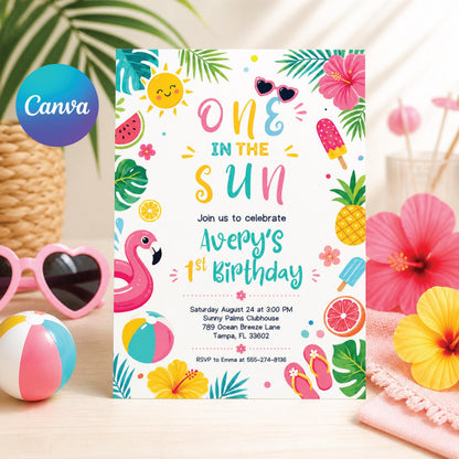One In The Sun 1st Birthday Pool Party Editable Invitation Summer, Tropical Swimming Splash Pad Party, Editable Canva Invitation Template __etsy:8024575973