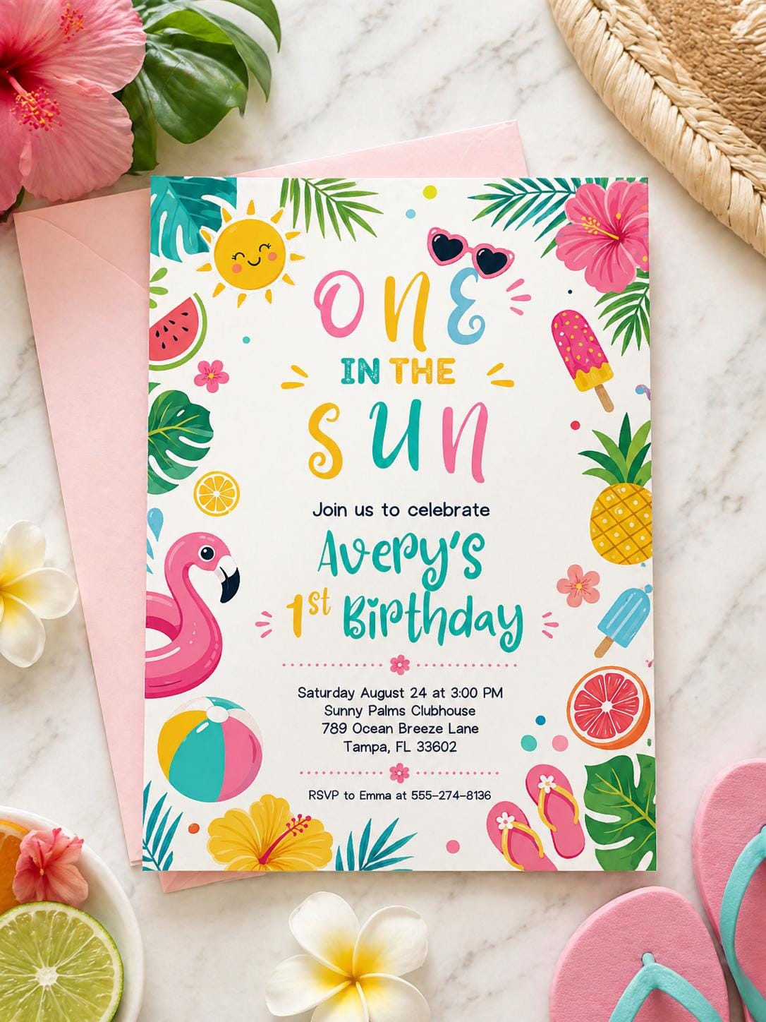 One In The Sun 1st Birthday Pool Party Editable Invitation Summer, Tropical Swimming Splash Pad Party, Editable Canva Invitation Template __etsy:8020325283