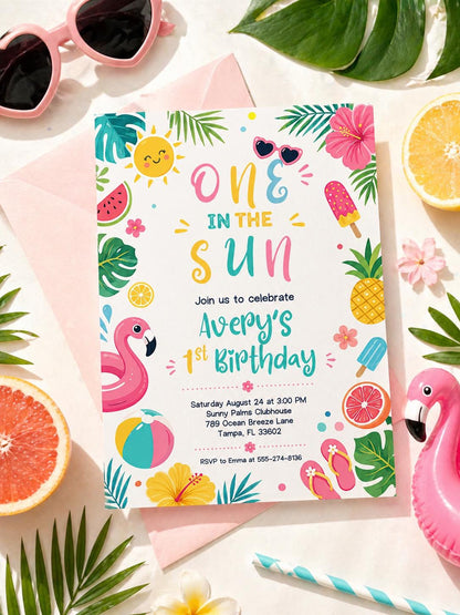 One In The Sun 1st Birthday Pool Party Editable Invitation Summer, Tropical Swimming Splash Pad Party, Editable Canva Invitation Template __etsy:8020325331