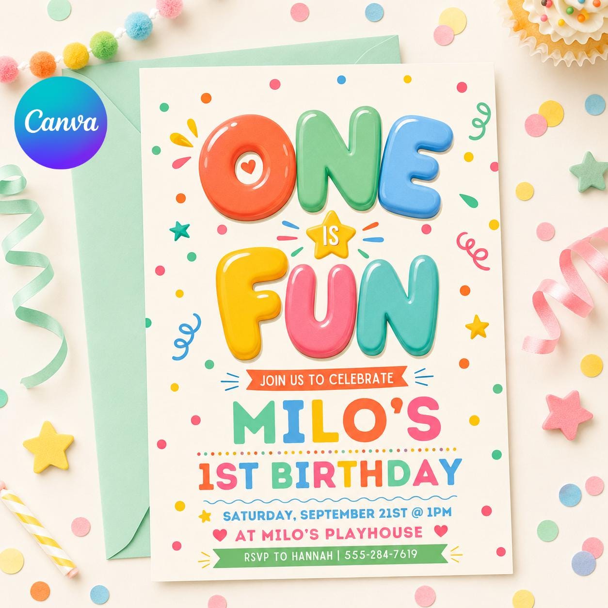 One Is Fun Birthday Invitation, Boy 1st Birthday Party, Simple Colourful Birthday Invite, Bright cheerful 1st Birthday Boy, Canva Template __etsy:7995632140