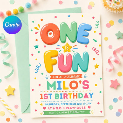 One Is Fun Birthday Invitation, Boy 1st Birthday Party, Simple Colourful Birthday Invite, Bright cheerful 1st Birthday Boy, Canva Template __etsy:7995632140