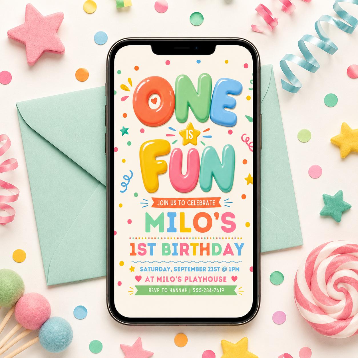 One Is Fun Birthday Invitation, Boy 1st Birthday Party, Simple Colourful Birthday Invite, Bright cheerful 1st Birthday Boy, Canva Template __etsy:7995632410