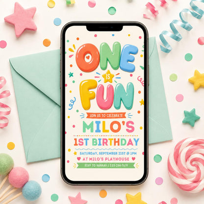 One Is Fun Birthday Invitation, Boy 1st Birthday Party, Simple Colourful Birthday Invite, Bright cheerful 1st Birthday Boy, Canva Template __etsy:7995632410