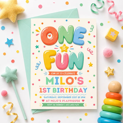 One Is Fun Birthday Invitation, Boy 1st Birthday Party, Simple Colourful Birthday Invite, Bright cheerful 1st Birthday Boy, Canva Template __etsy:8043565339