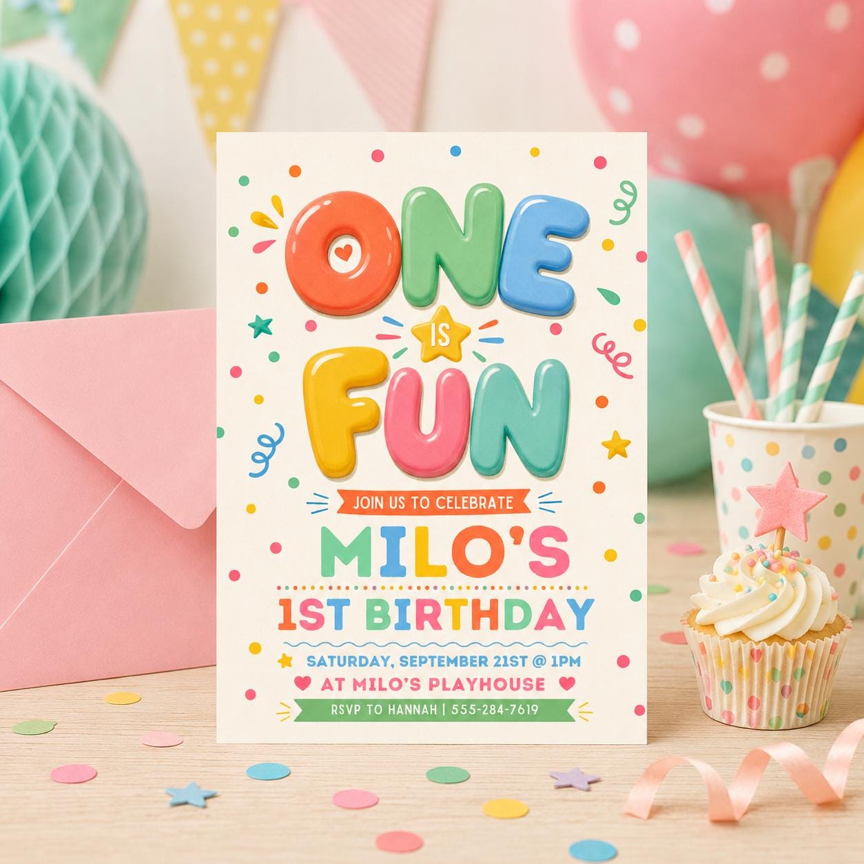 One Is Fun Birthday Invitation, Boy 1st Birthday Party, Simple Colourful Birthday Invite, Bright cheerful 1st Birthday Boy, Canva Template __etsy:8043565467