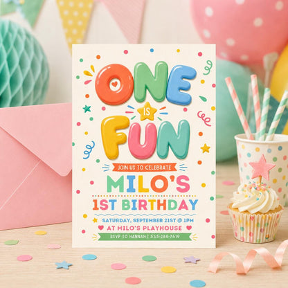 One Is Fun Birthday Invitation, Boy 1st Birthday Party, Simple Colourful Birthday Invite, Bright cheerful 1st Birthday Boy, Canva Template __etsy:8043565467
