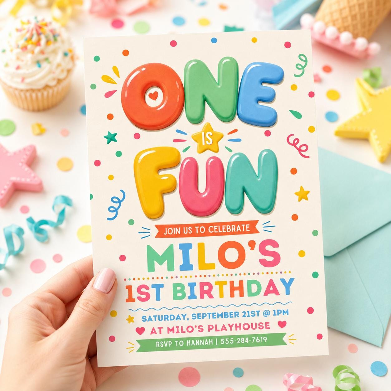One Is Fun Birthday Invitation, Boy 1st Birthday Party, Simple Colourful Birthday Invite, Bright cheerful 1st Birthday Boy, Canva Template __etsy:8043565471