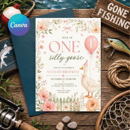 One Silly Goose First Birthday Invitation, Colorful Goose Birthday Invite, Editable One Silly Goose Party, Boy or Girl 1st Birthday, Canva __etsy:8018792128