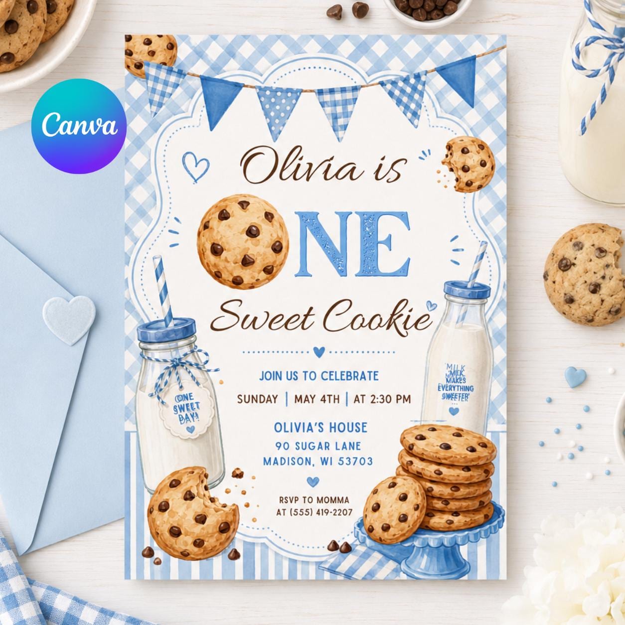 One Sweet Cookie, Milk And Cookies First Birthday Invitation, One Sweet Cookie Birthday Party 1st Invite, Boy 1st Birthday, Canva Template __etsy:8074207347
