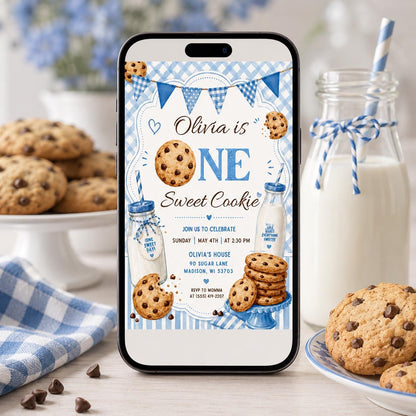 One Sweet Cookie, Milk And Cookies First Birthday Invitation, One Sweet Cookie Birthday Party 1st Invite, Boy 1st Birthday, Canva Template __etsy:8026291468