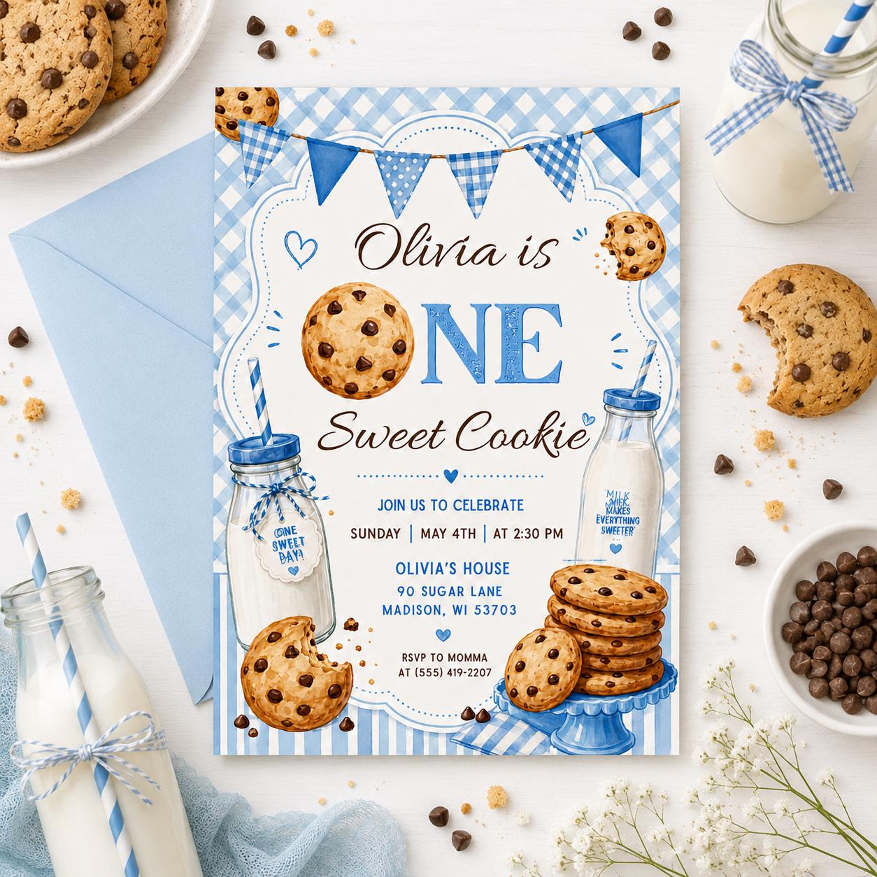 One Sweet Cookie, Milk And Cookies First Birthday Invitation, One Sweet Cookie Birthday Party 1st Invite, Boy 1st Birthday, Canva Template __etsy:8074204987