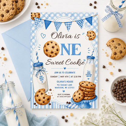 One Sweet Cookie, Milk And Cookies First Birthday Invitation, One Sweet Cookie Birthday Party 1st Invite, Boy 1st Birthday, Canva Template __etsy:8074204987