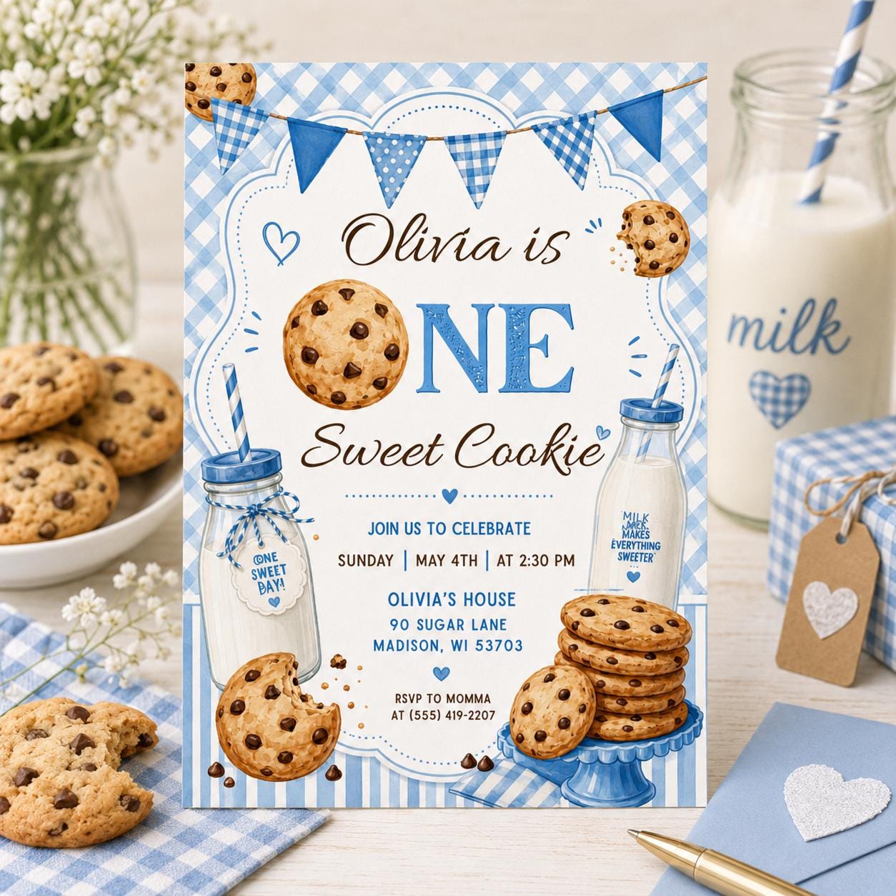 One Sweet Cookie, Milk And Cookies First Birthday Invitation, One Sweet Cookie Birthday Party 1st Invite, Boy 1st Birthday, Canva Template __etsy:8074204989