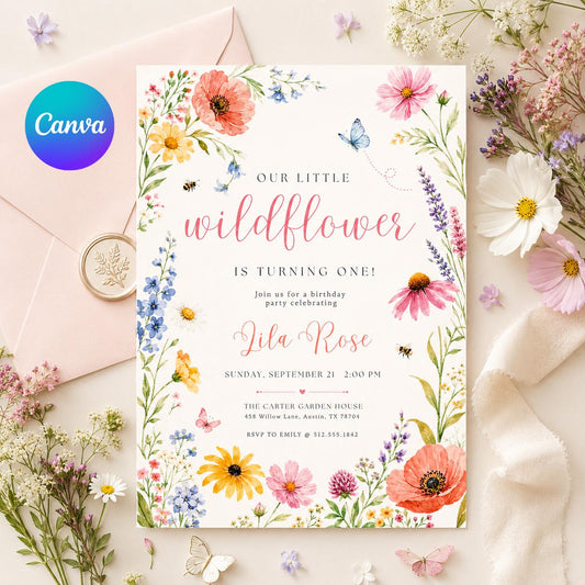 Onederful Birthday Invitation, Wildflowers 1st Birthday Invite, Isn't She Onederful, Editable Girl First Birthday Invitation, Canva Template __etsy:8000846516