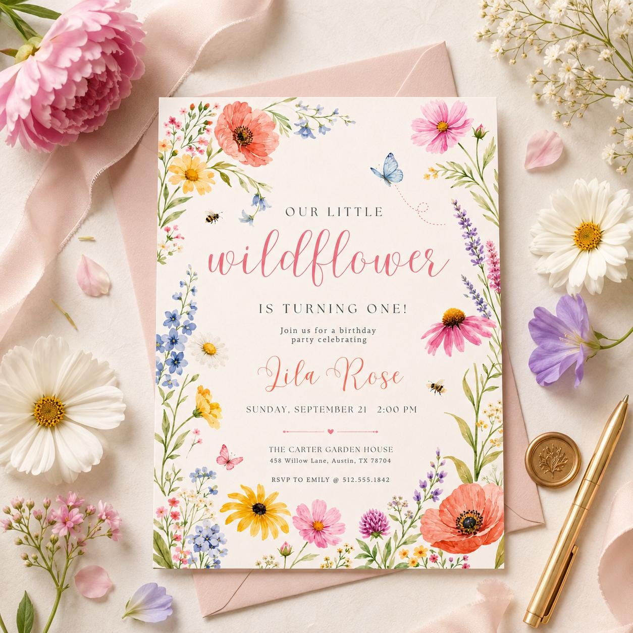 Onederful Birthday Invitation, Wildflowers 1st Birthday Invite, Isn't She Onederful, Editable Girl First Birthday Invitation, Canva Template __etsy:7999214984
