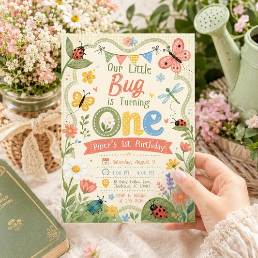 Our Little Bug Birthday Invitation, Editable Garden Bug First Birthday Invite, Girl ONE Theme Ladybug Template,  Little Bug First Birthday __etsy:8177694713