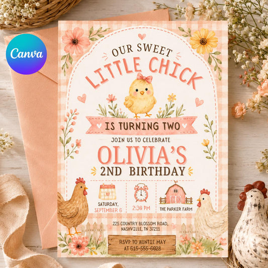 Our Little Chick Turns One First Birthday Invitation, Spring Easter 1st Birthday Invite, Editable Chick Birthday Invitation, Floral Spring __etsy:8032602094