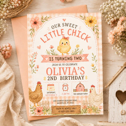 Our Little Chick Turns One First Birthday Invitation, Spring Easter 1st Birthday Invite, Editable Chick Birthday Invitation, Floral Spring __etsy:8080512935