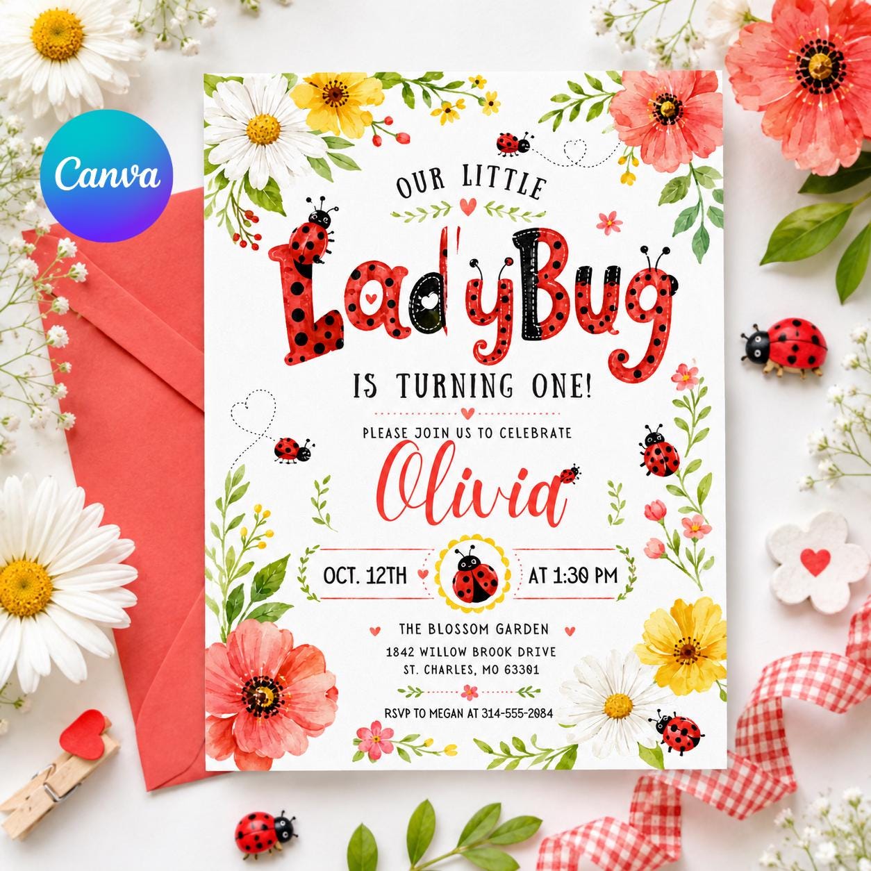 Our Little Ladybug Birthday Invitation, Editable Ladybug Kids Invite, Garden Birthday Invite Template, __etsy:8000852064