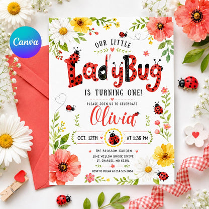 Our Little Ladybug Birthday Invitation, Editable Ladybug Kids Invite, Garden Birthday Invite Template, __etsy:8000852064