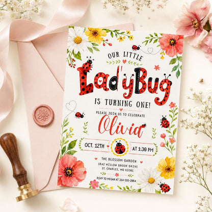 Our Little Ladybug Birthday Invitation, Editable Ladybug Kids Invite, Garden Birthday Invite Template, __etsy:8047164057