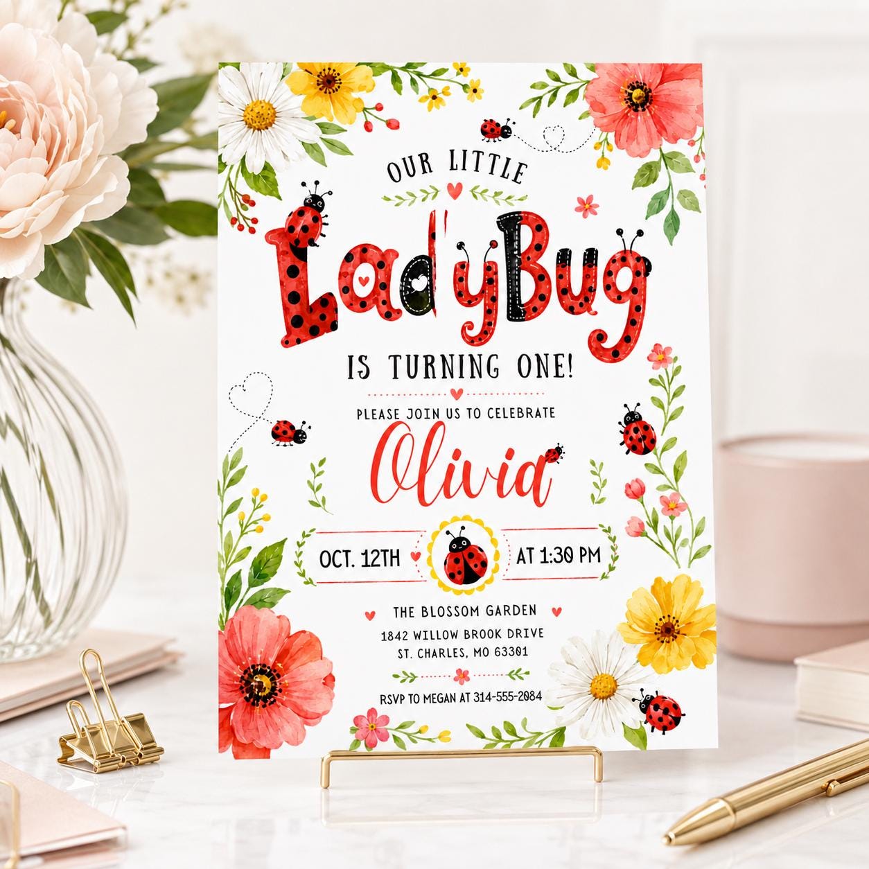 Our Little Ladybug Birthday Invitation, Editable Ladybug Kids Invite, Garden Birthday Invite Template, __etsy:8047164051