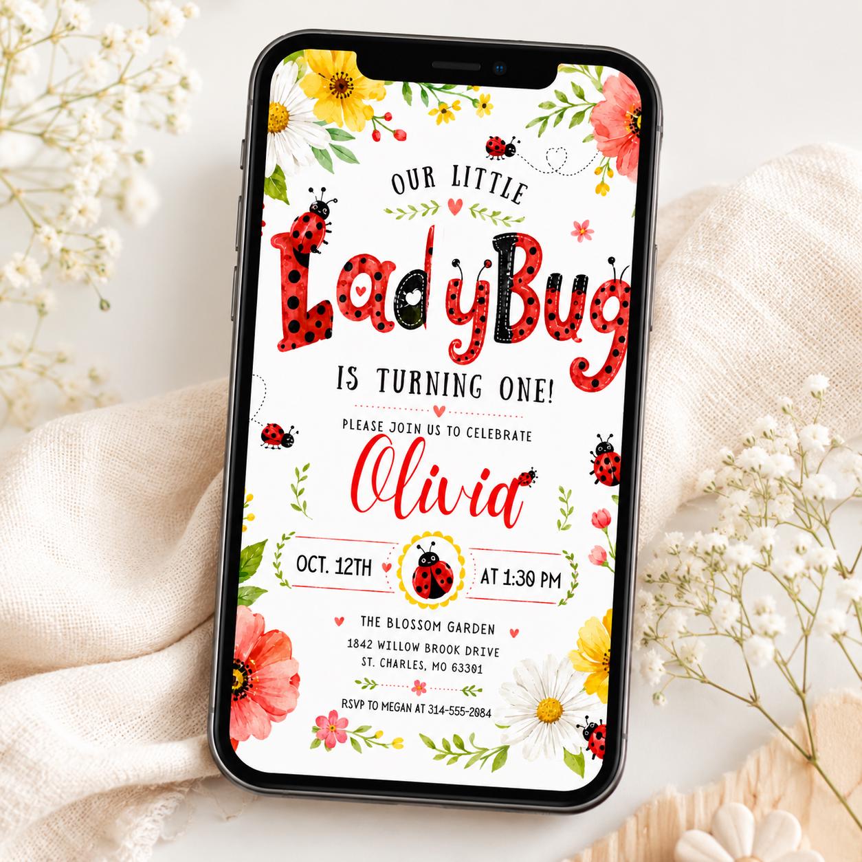 Our Little Ladybug Birthday Invitation, Editable Ladybug Kids Invite, Garden Birthday Invite Template, __etsy:8047164065