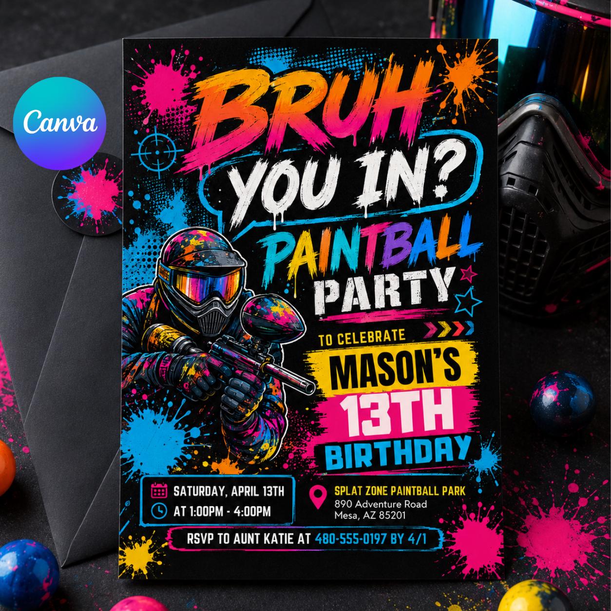 Paintball Birthday Party Invitation, Bruh You In Invitation, Any Age, Any Theme, Neon Graffiti Bruh Birthday Party Invite, Canva Template __etsy:8007247214