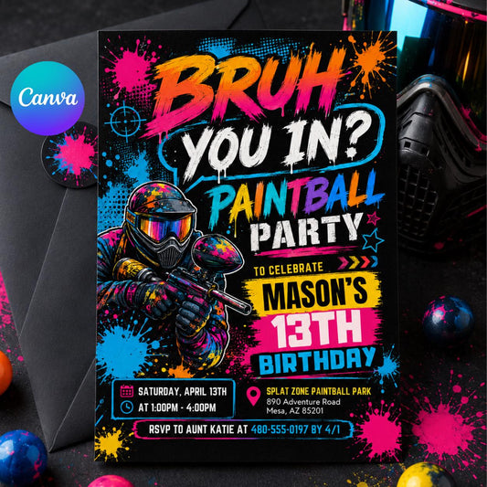 Paintball Birthday Party Invitation, Bruh You In Invitation, Any Age, Any Theme, Neon Graffiti Bruh Birthday Party Invite, Canva Template __etsy:8007247214
