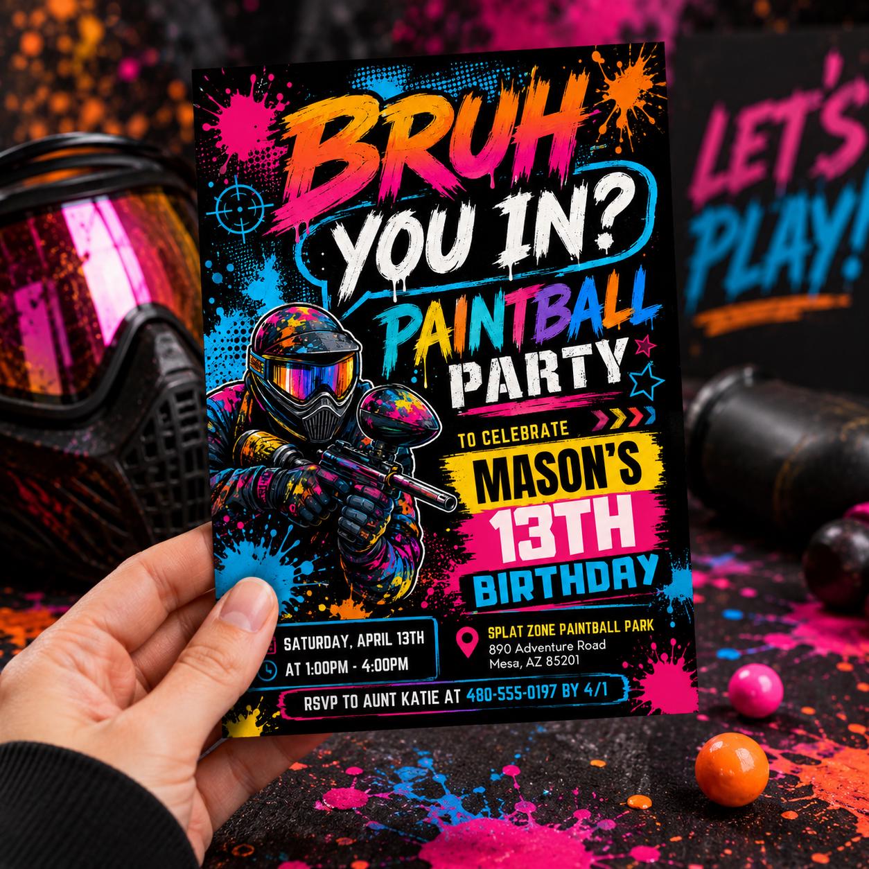 Paintball Birthday Party Invitation, Bruh You In Invitation, Any Age, Any Theme, Neon Graffiti Bruh Birthday Party Invite, Canva Template __etsy:8007244666
