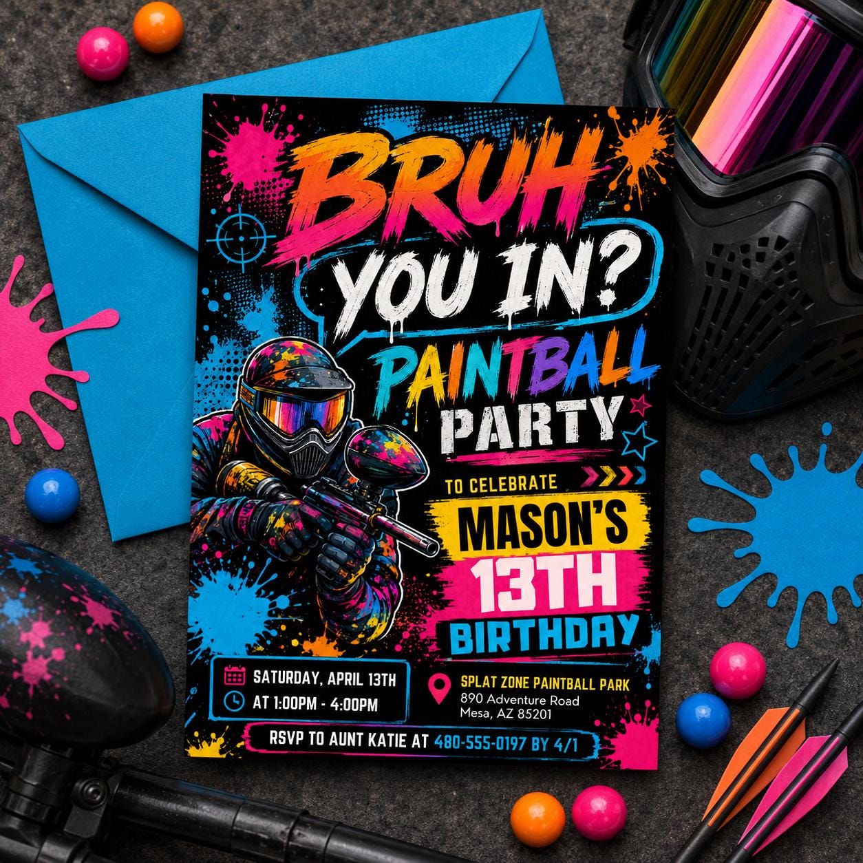 Paintball Birthday Party Invitation, Bruh You In Invitation, Any Age, Any Theme, Neon Graffiti Bruh Birthday Party Invite, Canva Template __etsy:8007244694