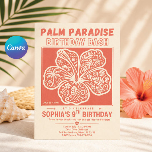 Palm Paradise Birthday Invitation, Tropical Hibiscus Beach Bash (Digital Download) __etsy:8024601199